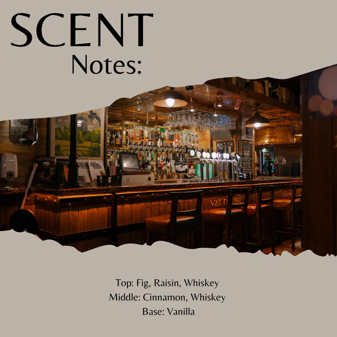 Scent Notes graphic featuring a bar interior photo with a torn-paper effect, labeled with scent profile text: Top: Fig, Raisin, Whiskey; Middle: Cinnamon, Whiskey; Base: Vanilla.