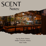 Scent Notes graphic featuring a bar interior photo with a torn-paper effect, labeled with scent profile text: Top: Fig, Raisin, Whiskey; Middle: Cinnamon, Whiskey; Base: Vanilla.