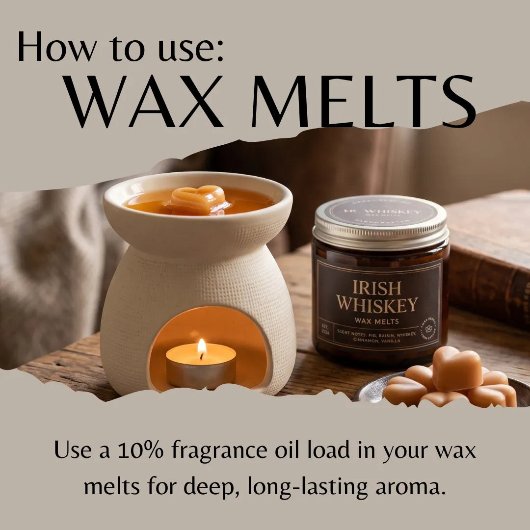 An instructional graphic titled 'How to use: WAX MELTS' shows a beige wax warmer with a lit tealight candle, a jar labeled 'Irish Whiskey Wax Melts,' and several heart-shaped wax melts on a rustic wooden surface.
