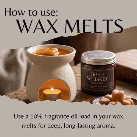 An instructional graphic titled 'How to use: WAX MELTS' shows a beige wax warmer with a lit tealight candle, a jar labeled 'Irish Whiskey Wax Melts,' and several heart-shaped wax melts on a rustic wooden surface.