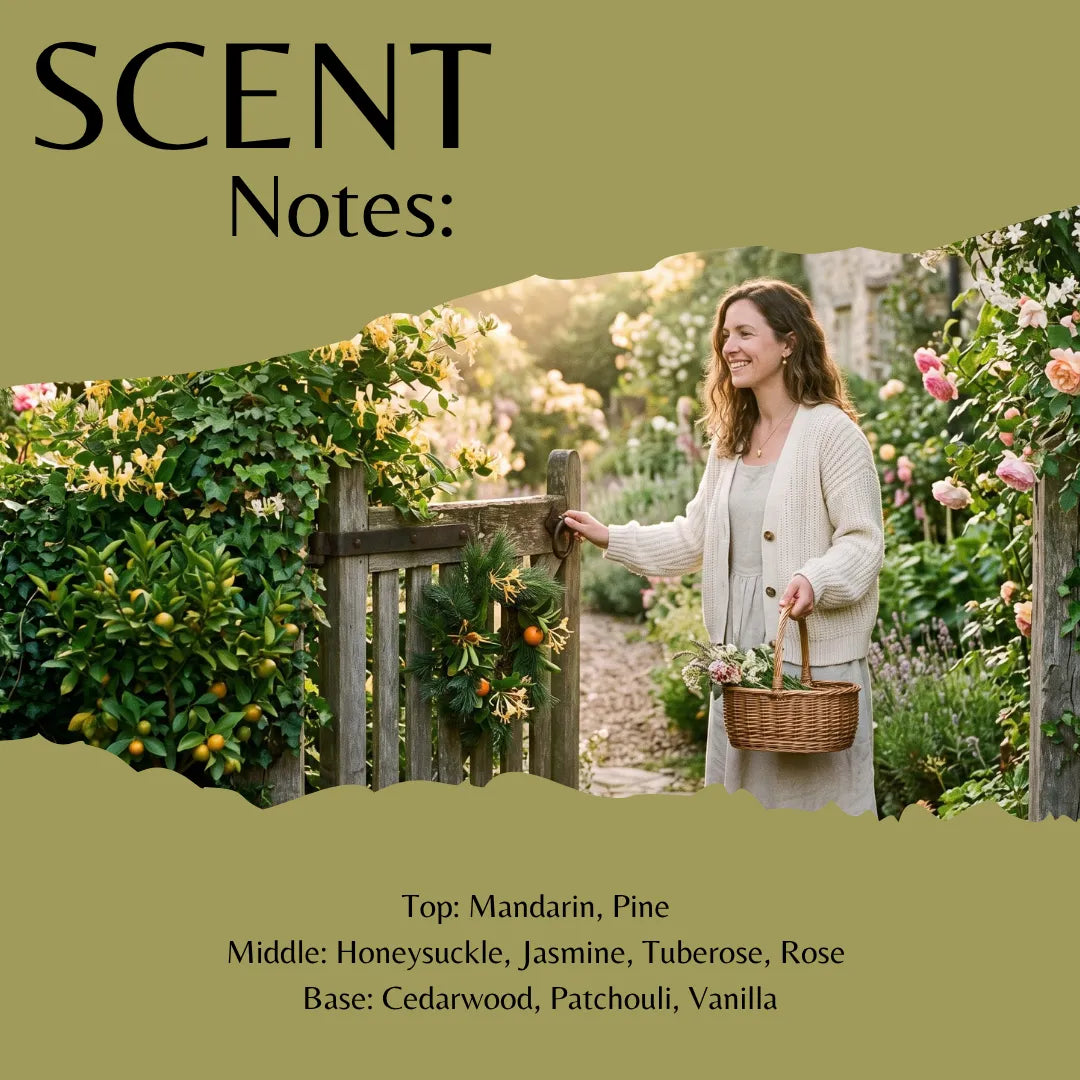 Scent Notes graphic featuring a woman in a garden holding a basket, with olive-green text panels reading 'SCENT Notes:' and a list of fragrance notes including Mandarin, Pine, Honeysuckle, Jasmine, Tuberose, Rose, Cedarwood, Patchouli, and Vanilla.