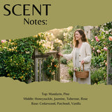 Scent Notes graphic featuring a woman in a garden holding a basket, with olive-green text panels reading 'SCENT Notes:' and a list of fragrance notes including Mandarin, Pine, Honeysuckle, Jasmine, Tuberose, Rose, Cedarwood, Patchouli, and Vanilla.