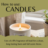 Instructional graphic titled 'How to use: CANDLES' showing a lit white candle jar in a softly lit indoor setting with text explaining fragrance oil load recommendations.
