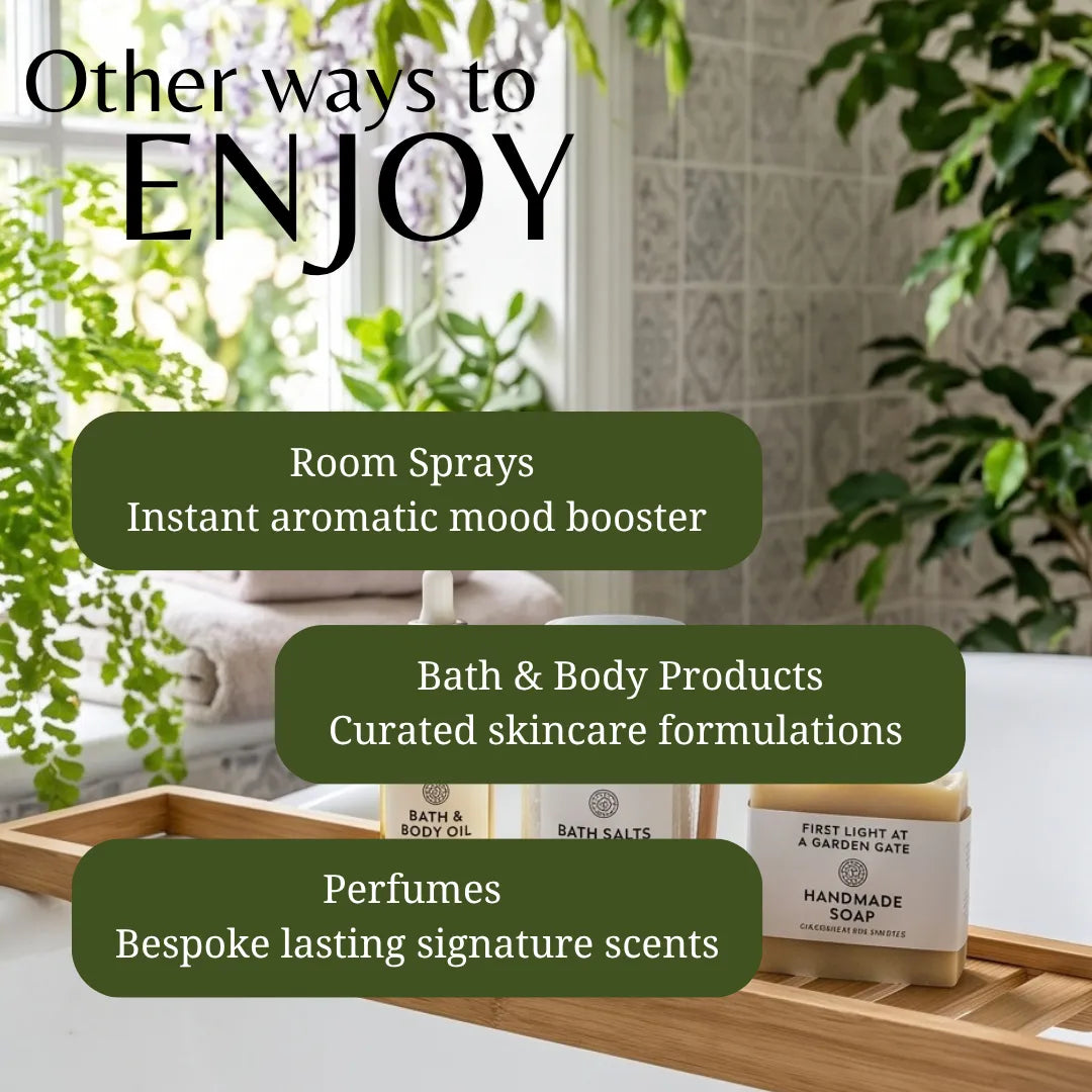 Promotional graphic for a bath and body product collection, featuring three text callouts over a lifestyle scene of a wooden tray holding a bath oil bottle, bath salts, and a handmade soap bar in a bright bathroom with green plants.