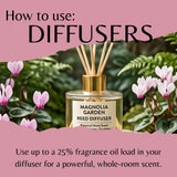A reed diffuser bottle labeled 'MAGNOLIA GARDEN' centered in a garden scene with pink flowers and green foliage, overlaid with pink text reading 'How to use: DIFFUSERS' and usage instructions.