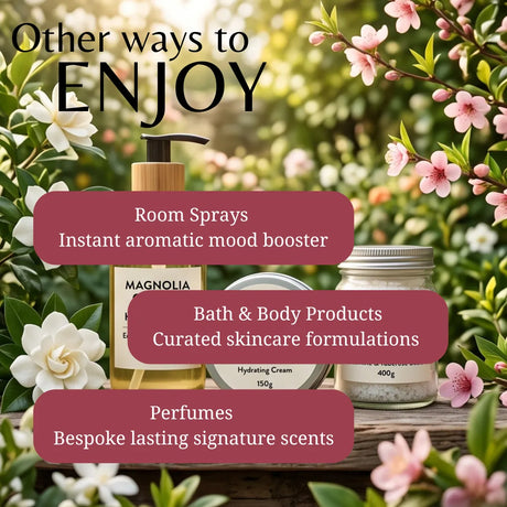 Promotional graphic for bath and body products with three jars and a pump bottle arranged on a wooden surface outdoors among green leaves and pink flowers. Large text reads 'Other ways to ENJOY' and callouts mention room sprays, bath & body products, and perfumes.