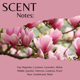 Scent profile graphic for a fragrance with a pink background and torn-paper style photo of pink magnolia blossoms. Text reads 'SCENT Notes:' and lists top, middle, and base notes including magnolia, cyclamen, cucumber, melon, jasmine, tuberose, gardenia, peach, sandalwood, and musk.