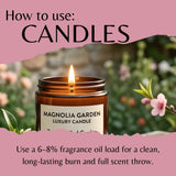 A lit amber glass jar candle labeled 'MAGNOLIA GARDEN LUXURY CANDLE' with pink torn-paper style graphic overlays reading 'How to use: CANDLES' and usage text about fragrance oil load.