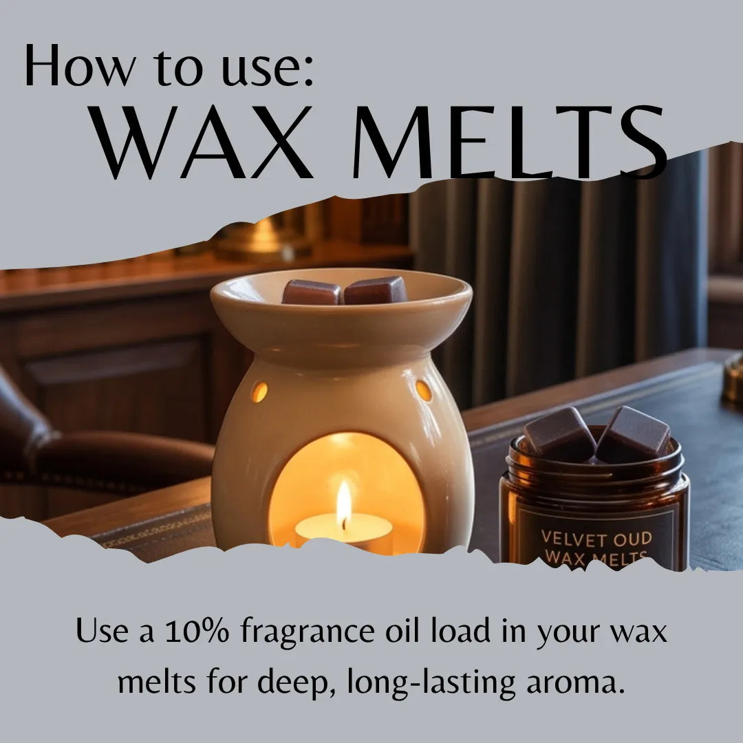 An instructional graphic titled 'How to use: WAX MELTS' shows a beige wax warmer with a lit candle inside and a small amber jar labeled 'VELVET OUD WAX MELTS' on a wooden table. Text explains using fragrance oil load for deep, long-lasting aroma.