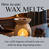 An instructional graphic titled 'How to use: WAX MELTS' shows a beige wax warmer with a lit candle inside and a small amber jar labeled 'VELVET OUD WAX MELTS' on a wooden table. Text explains using fragrance oil load for deep, long-lasting aroma.
