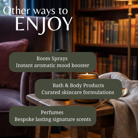 Promotional graphic with the text 'Other ways to ENJOY' over a cozy indoor scene featuring a bookshelf, armchair, table, candle, and draped fabric. Three dark olive text boxes list: Room Sprays, Bath & Body Products, and Perfumes.