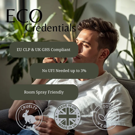 A man in a white t-shirt sits on a sofa in a sunlit room, with large text overlays reading 'ECO Credentials' and feature callouts including 'EU CLP & UK GHS Compliant', 'No UFI Needed up to 3%', and 'Room Spray Friendly'. Three certification-style badges at the bottom say Cruelty Free, Made in UK, and Vegan.