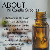 Brown bottle with a blurred background and text about NI Candle Supplies.