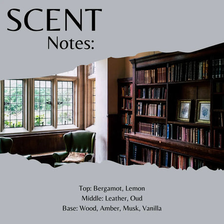 Scent Notes: fragrance label graphic with a torn-paper effect showing a library interior with bookshelves and a green armchair, plus text listing fragrance notes: Bergamot, Lemon, Leather, Oud, Wood, Amber, Musk, and Vanilla.