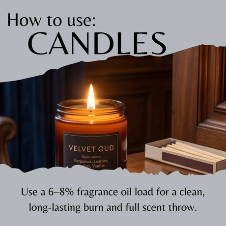 An informational graphic titled 'How to use: CANDLES' shows a lit amber glass candle jar labeled 'VELVET OUD' on a wooden surface with a matchbox nearby. Text below advises using 6-8% fragrance oil load for clean, long-lasting burn and full scent throw.