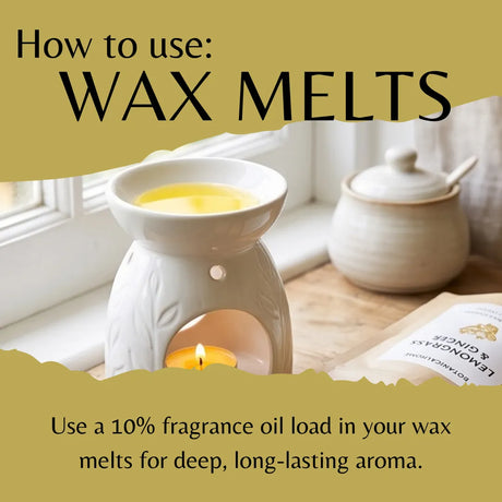 Instructional graphic titled 'How to use: WAX MELTS' showing a white wax melt warmer with yellow wax and a lit candle, placed on a windowsill with text explaining fragrance oil loading.