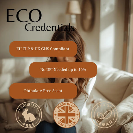 Promotional graphic for 'ECO Credentials' featuring a woman sitting on a beige sofa in a warmly lit room. Overlaid text highlights 'EU CLP & UK GHS Compliant', 'No UFI Needed up to 10%', and 'Phthalate-Free Scent', with circular badges for Cruelty Free, Made in UK, and Vegan.