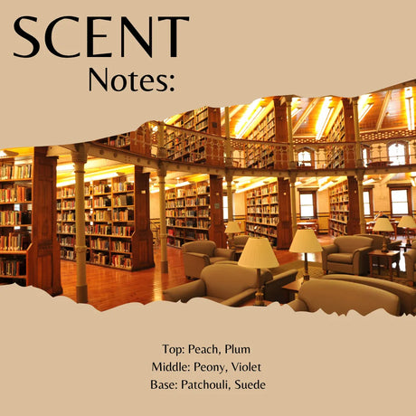 A scent profile graphic titled 'SCENT Notes:' showing a warm library interior with bookshelves, columns, and reading chairs, with text listing top, middle, and base notes: Peach, Plum, Peony, Violet, Patchouli, Suede.