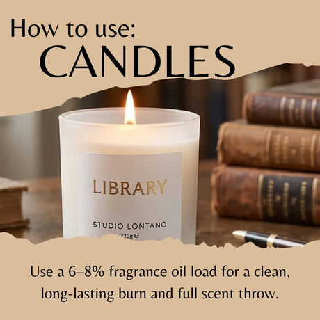 A lit white candle in a frosted glass jar labeled 'LIBRARY' and 'STUDIO LONTANO' sits on a wooden surface with stacked books in the background. Large text at the top reads 'How to use: CANDLES' and text at the bottom explains fragrance oil load for a clean long-lasting burn.