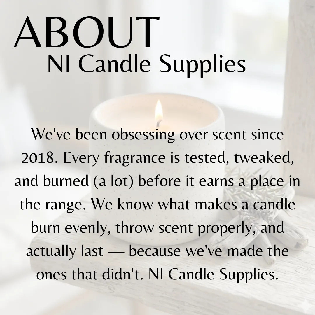 A text-heavy promotional graphic for NI Candle Supplies with the heading 'ABOUT NI Candle Supplies' and a softly blurred photo of a lit white candle on a light surface in the background.
