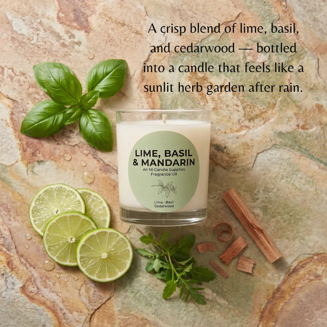 A clear glass jar candle with white wax sits on a mottled stone surface, surrounded by fresh lime slices, basil leaves, arnica berries, cinnamon sticks, and a text overlay describing the scent as lime, basil, and cedarwood.