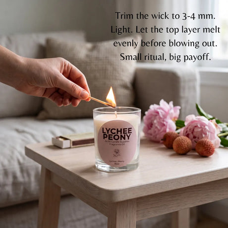 A hand holds a lit match over a glass jar candle on a light wood table in a softly lit room. The candle label reads 'LYCHEE PEONY' and includes scent and fragrance details.