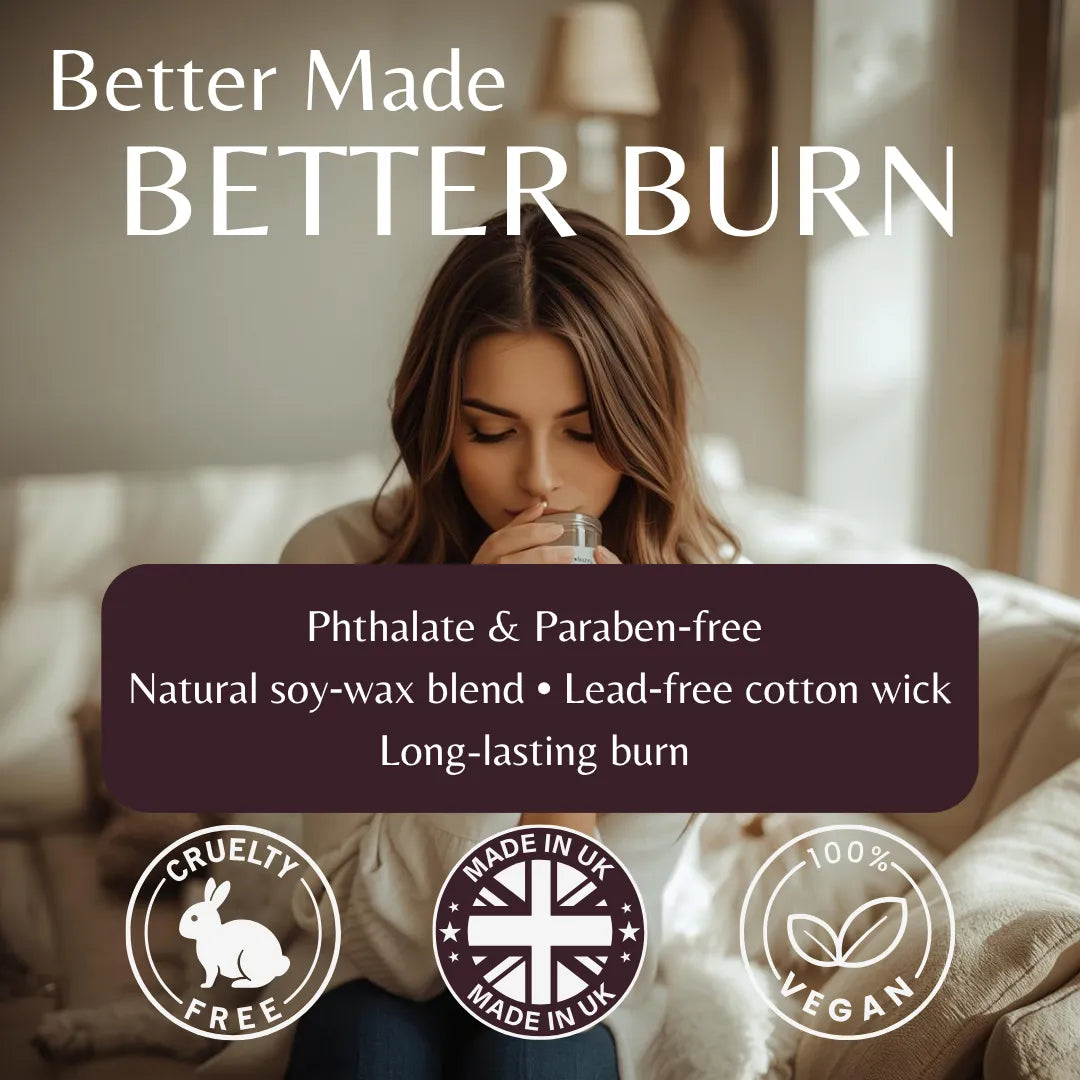 A promotional graphic for Better Made Better Burn cotton wick products, featuring a woman drinking from a glass on a sofa with text overlays highlighting phthalate and parabene-free natural soy-wax blend, lead-free cotton wick, and long-lasting burn. Three circular badges at the bottom indicate cruelty-free, made in UK, and vegan.