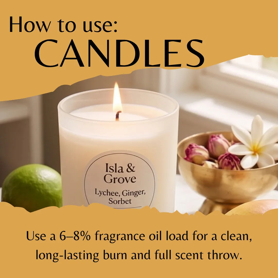 A lit candle jar labeled 'Isla & Grove' with text overlays explaining how to use candles, set against a warm tan background with decorative fruit and flowers.