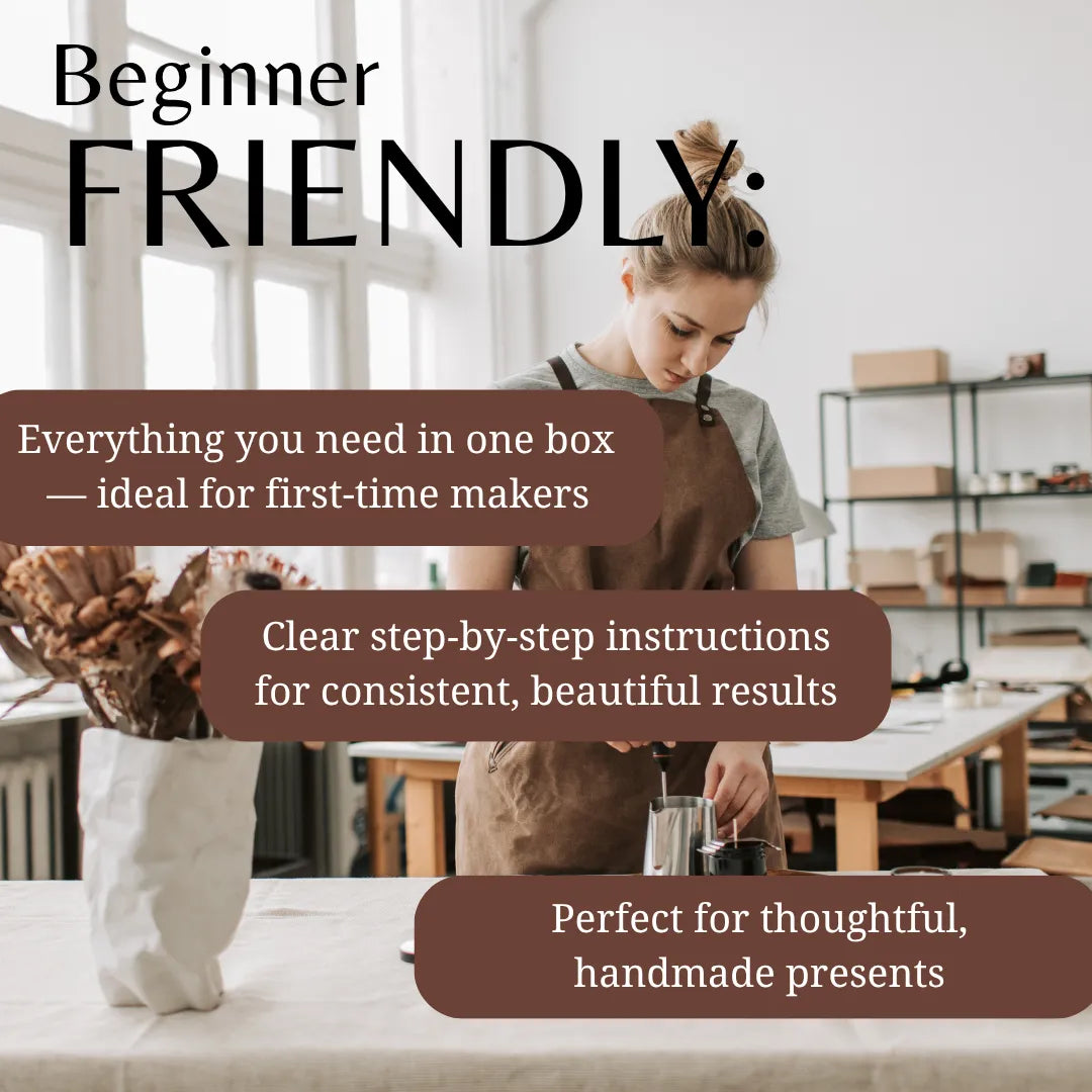 Woman in an apron working in a workshop with text about beginner-friendly crafting kits.