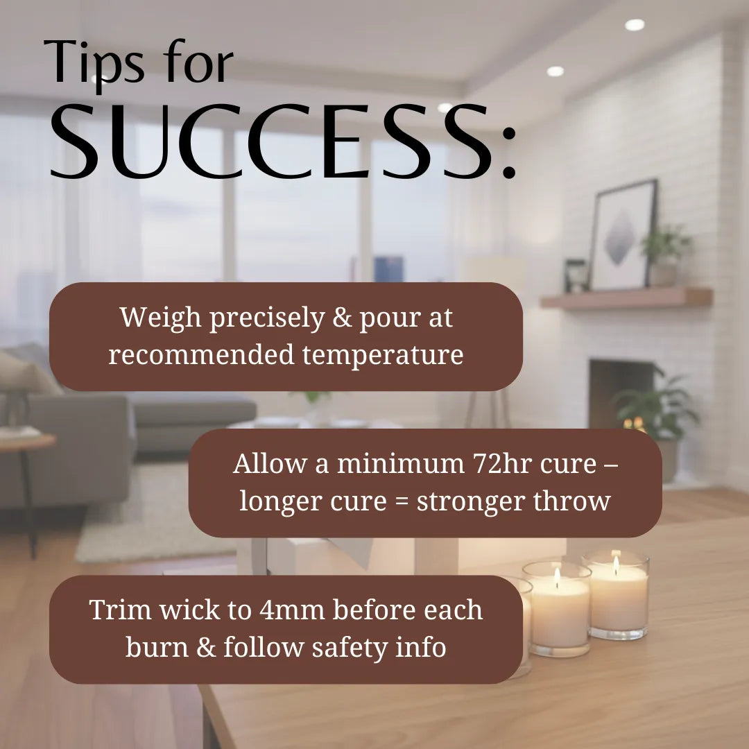 Living room with candles on a table and text tips for success overlayed.
