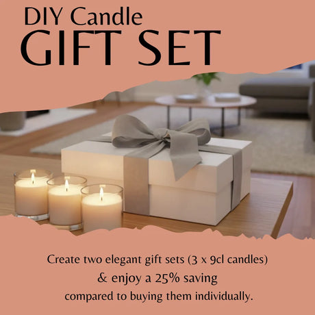 Gift set with candles and a box in a living room setting, featuring text about DIY candle gift sets.