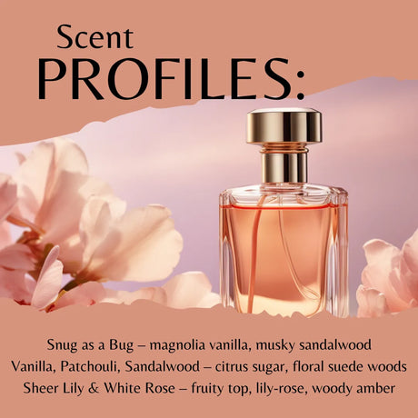 Perfume bottle with floral elements and text about scent profiles on a pink background