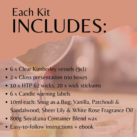 Product kit list with clear Kimberley vessels, gloss presentation boxes, wicks, and fragrance oils on a peach background.