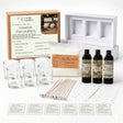 Melt-making kit with glass containers, wicks, and Soyaluna container wax on a white background