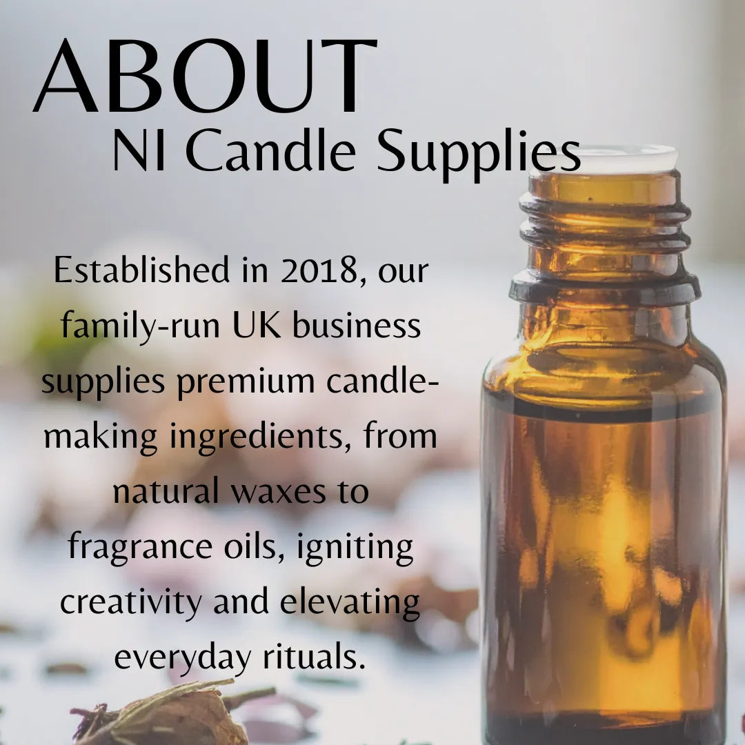 Brown glass bottle with text about NI Candle Supplies on a blurred background