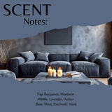 A styled interior scene showing a dark gray sectional sofa with cushions, candles on a coffee table, and a textured wall. Large text at the top reads 'SCENT Notes:' and the bottom lists fragrance notes: Bergamot, Mandarin, Lavender, Amber, Moss, Patchouli, Musk.