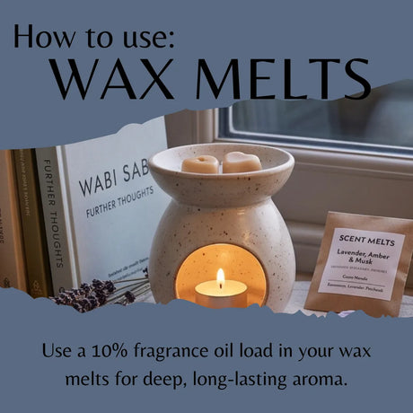 An instructional graphic titled 'How to use: WAX MELTS' shows a ceramic wax warmer with a lit candle inside, two wax melts in the top opening, a small sachet labeled 'SCENT MELTS Lavender, Amber & Musk,' and text explaining fragrance oil loading for deep aroma.