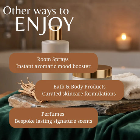 A spa-style promotional graphic with the text 'Other ways to ENJOY' over bath and body product props, including a frosted room spray bottle, a gold-capped jar, a folded towel, and a stone slab on dark green fabric. Three brown callout boxes list: Room Sprays, Bath & Body Products, and Perfumes.