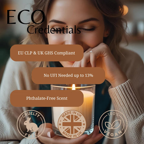 A woman in a beige sweater holds a lit candle in a glass jar, with promotional text overlays reading 'ECO Credentials' and feature callouts including 'EU CLP & UK GHS Compliant', 'No UFI Needed up to 13%', and 'Phthalate-Free Scent'. Three circular badges at the bottom say Cruelty Free, Made in UK, and Vegan.