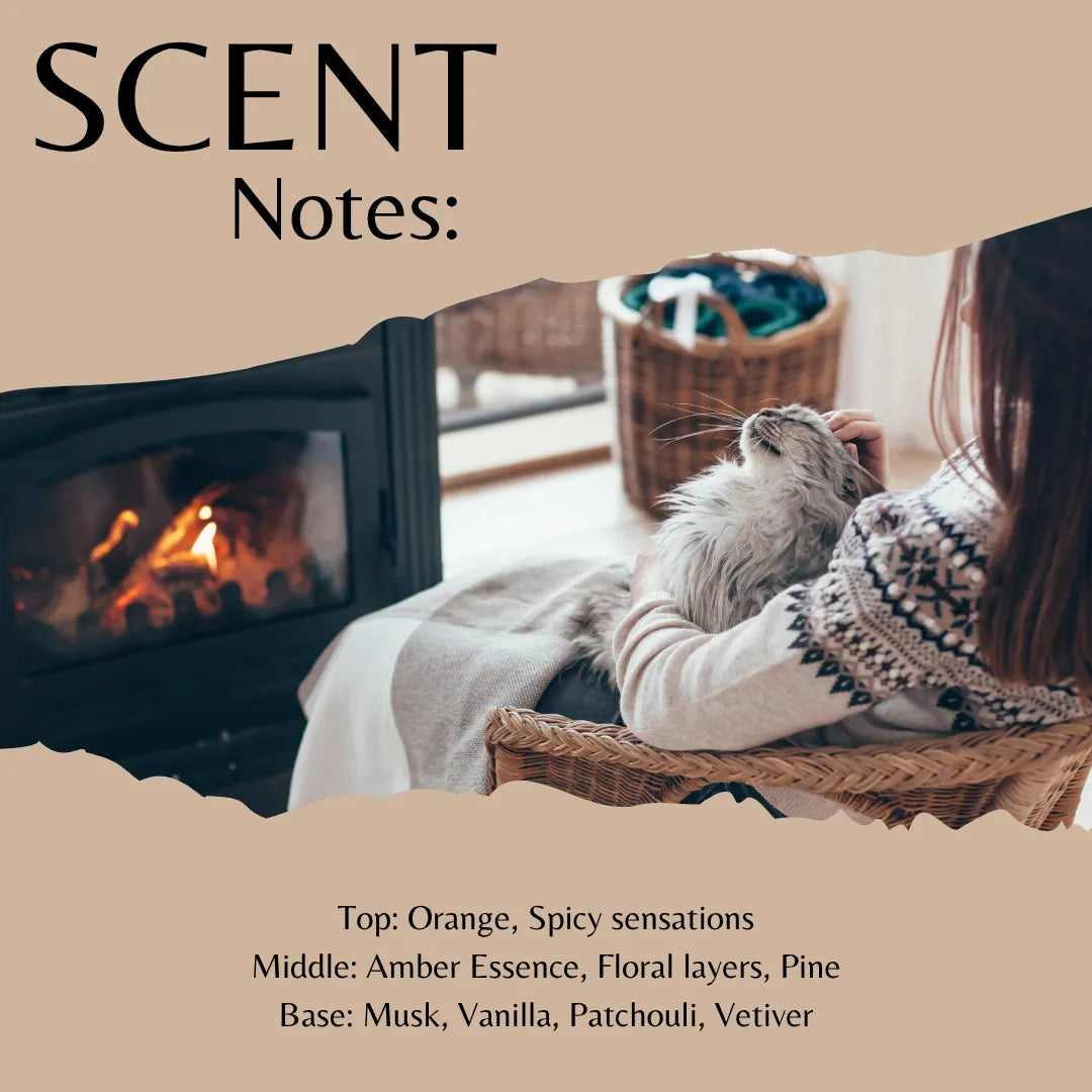 Scent notes graphic with a warm beige background, a torn-paper style photo of a woman in a patterned sweater petting a fluffy cat beside a fireplace, and text listing fragrance notes: Orange, Spicy sensations; Amber Essence, Floral layers, Pine; Musk, Vanilla, Patchouli, Vetiver.