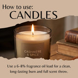 An informational graphic titled 'How to use: CANDLES' shows a lit 'Cashmere & Spice' scented candle in a glass jar on a wooden surface with books in the background. Text below explains fragrance oil load recommendations.