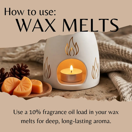 A white ceramic candle warmer with gold flame cutouts holds a lit tealight candle, with wax melts and pinecones beside it. Text reads 'How to use: WAX MELTS' and 'Use a 10% fragrance oil load in your wax melts for deep, long-lasting aroma.