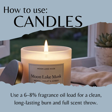 Instructional graphic titled 'How to use: CANDLES' showing a lit Moon Lake Musk candle in a glass jar with its lid beside it, set near a window with a small plant in the background. Text explains fragrance oil load and long-lasting burn.