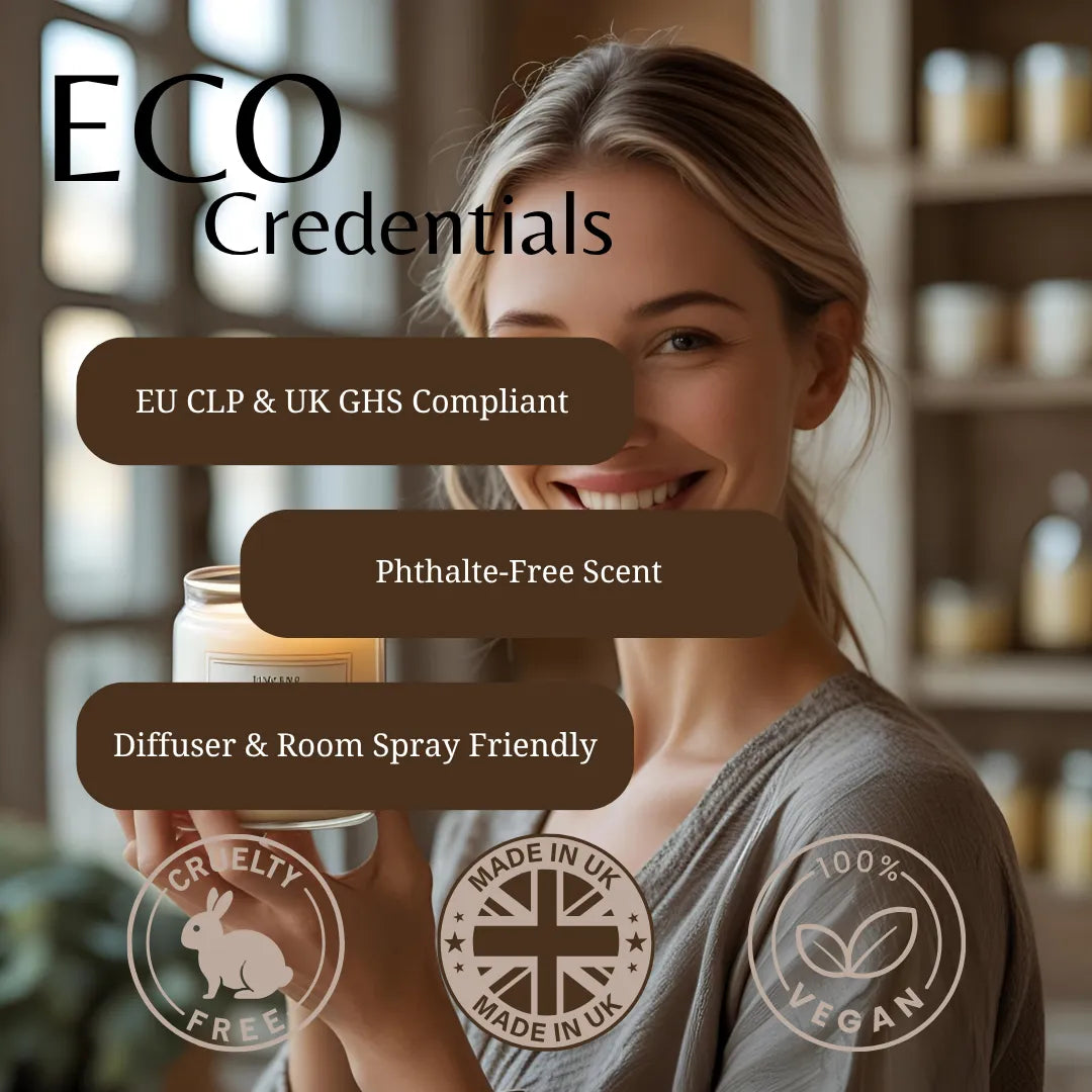 A smiling woman in a home interior holds a candle jar while promotional text reads 'ECO Credentials' with badges for EU CLP & UK GHS compliance, phthalate-free scent, diffuser and room spray friendly, cruelty free, made in UK, and 100% vegan.