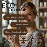 A smiling woman in a home interior holds a candle jar while promotional text reads 'ECO Credentials' with badges for EU CLP & UK GHS compliance, phthalate-free scent, diffuser and room spray friendly, cruelty free, made in UK, and 100% vegan.