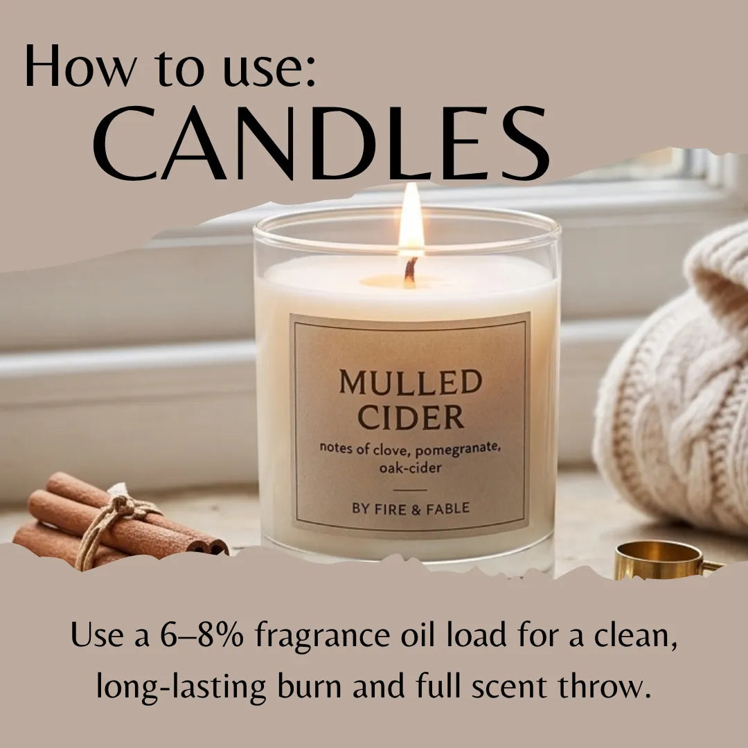 A lit candle labeled 'MULLED CIDER' by Fire & Fable, shown with text overlays explaining how to use candles. The candle is in a clear glass jar with cream wax and a beige label, set against a cozy background with cinnamon sticks and a knitted sweater.