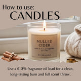 A lit candle labeled 'MULLED CIDER' by Fire & Fable, shown with text overlays explaining how to use candles. The candle is in a clear glass jar with cream wax and a beige label, set against a cozy background with cinnamon sticks and a knitted sweater.