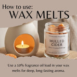 An instructional graphic titled 'How to use: WAX MELTS' shows a candle jar labeled 'MULLED CIDER' next to a lit candle holder with a candle, plus text explaining fragrance oil loading for deep aroma.