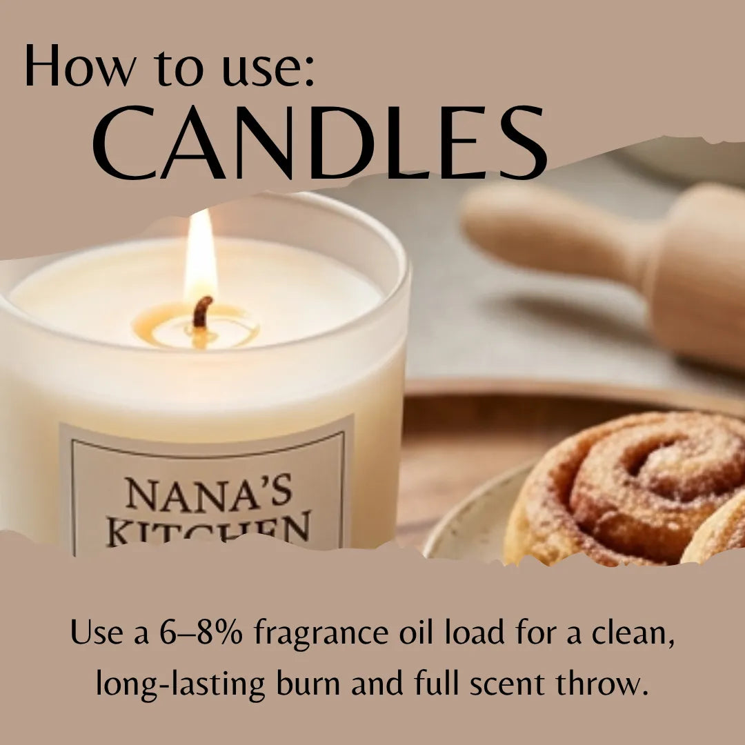 Candle with 'Nana's Kitchen' label on a wooden surface with cinnamon rolls, text on how to use candles.