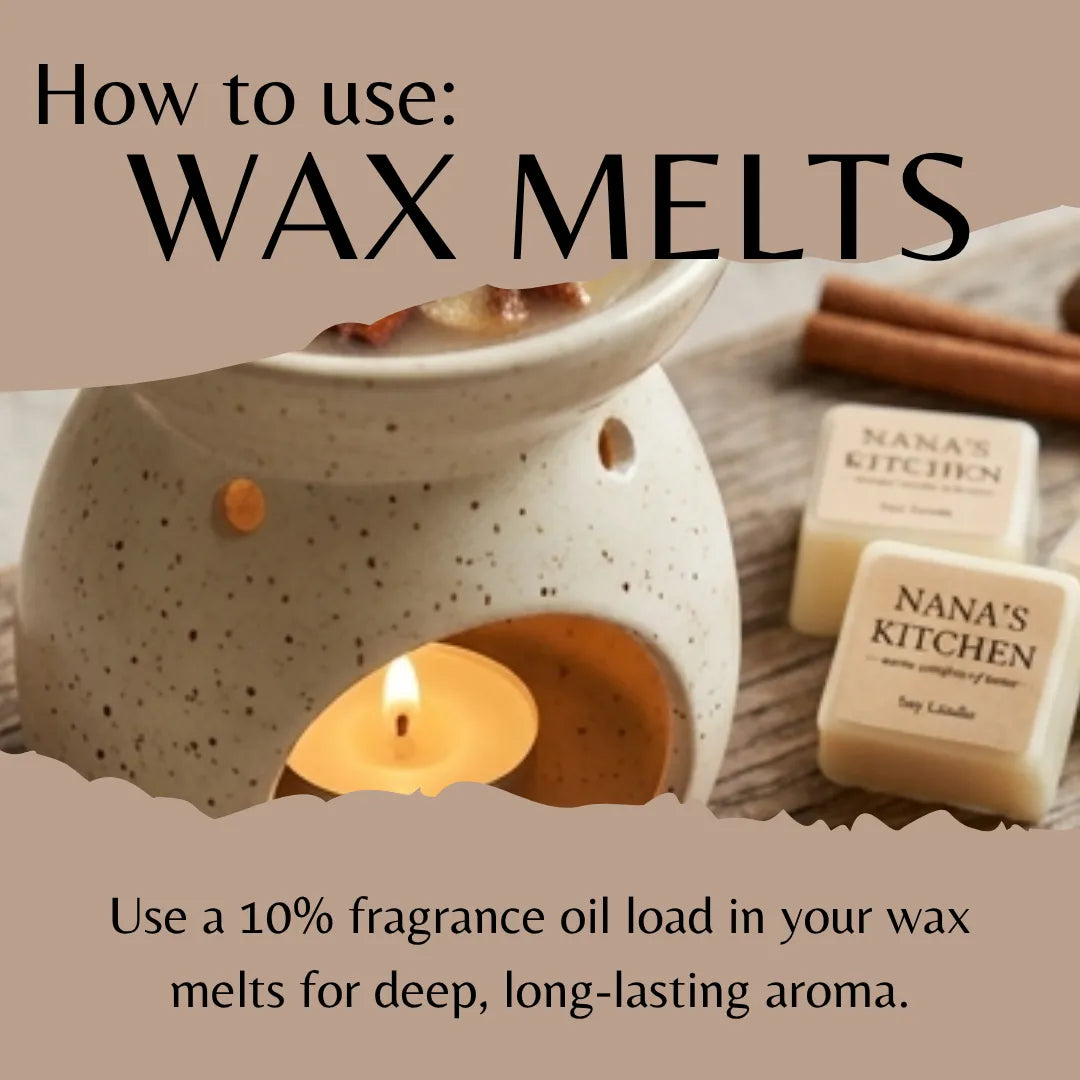 Wax melt burner with lit candle and wax melts labeled 'Nana's Kitchen' on a wooden surface.